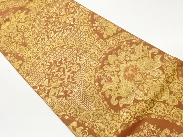 変わり青海波に花唐草・抽象花鳥模様織出し袋帯